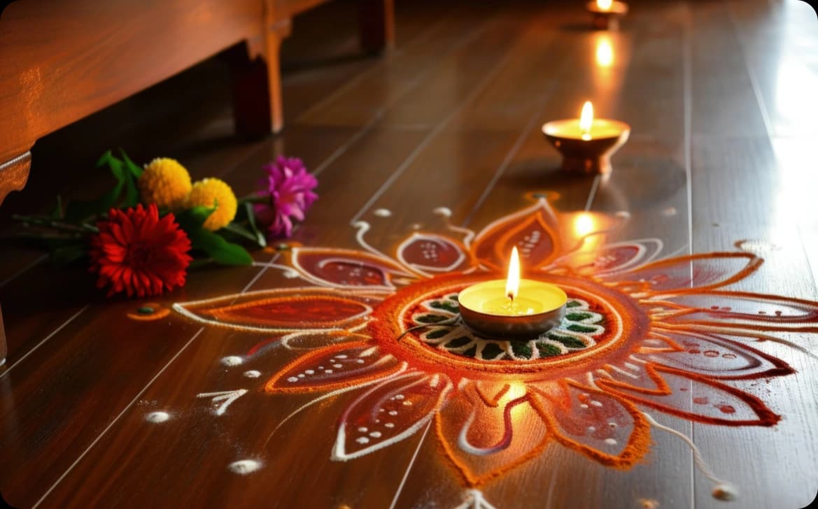 દીવા અને પવિત્ર સજાવટ સાથે નવરાત્રિ આંતરિક સજાવટ
